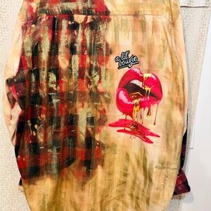 Hand crafted Button Down Flannel Shirt,Red,black/gold,